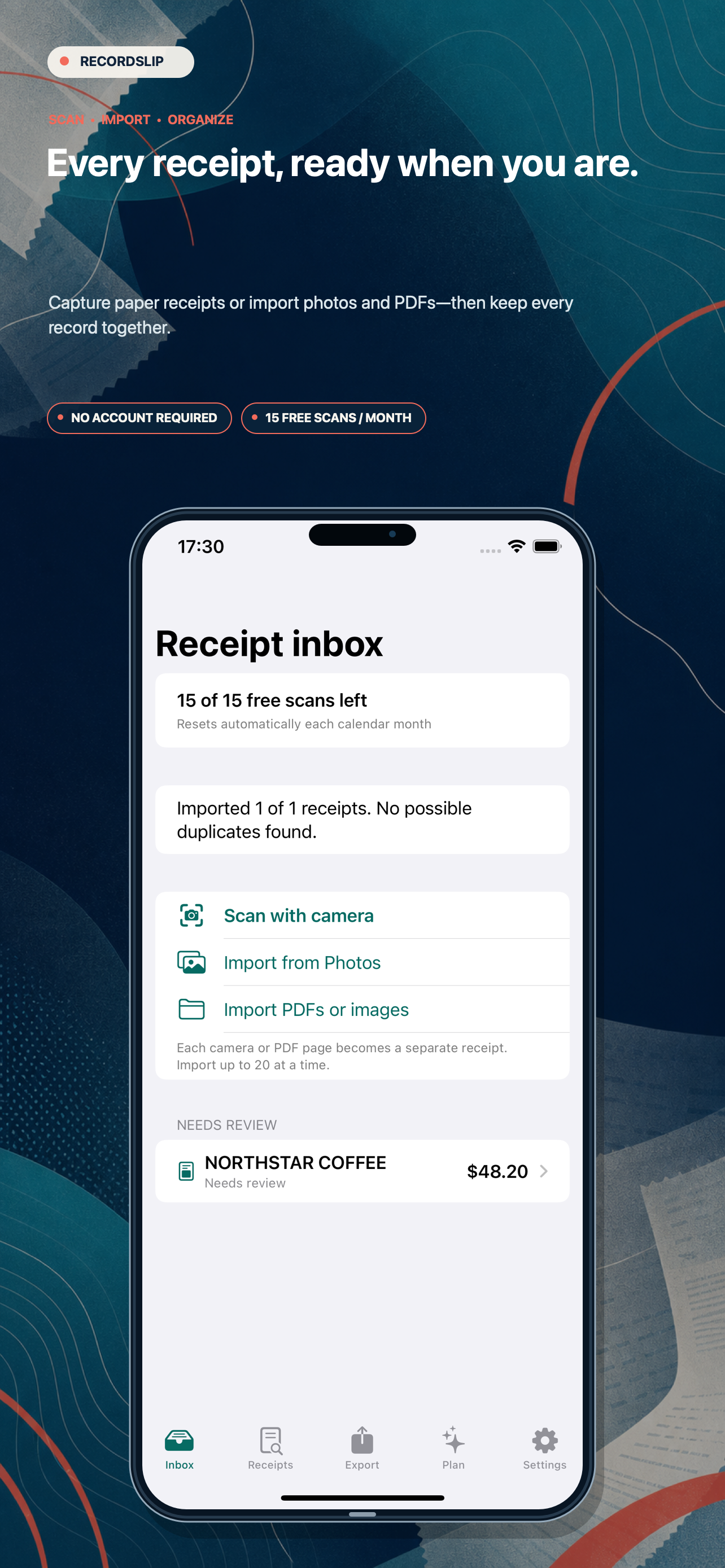 RecordSlip App Store screenshot showing the receipt inbox